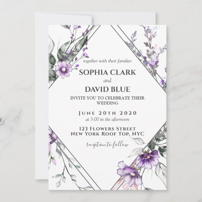 Invitación Boda de lavanda morada con marco floral (Anverso)