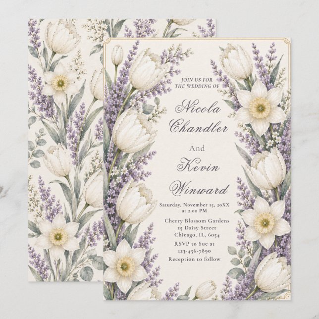 Invitación Boda de lavanda y marfil (Anverso / Reverso)