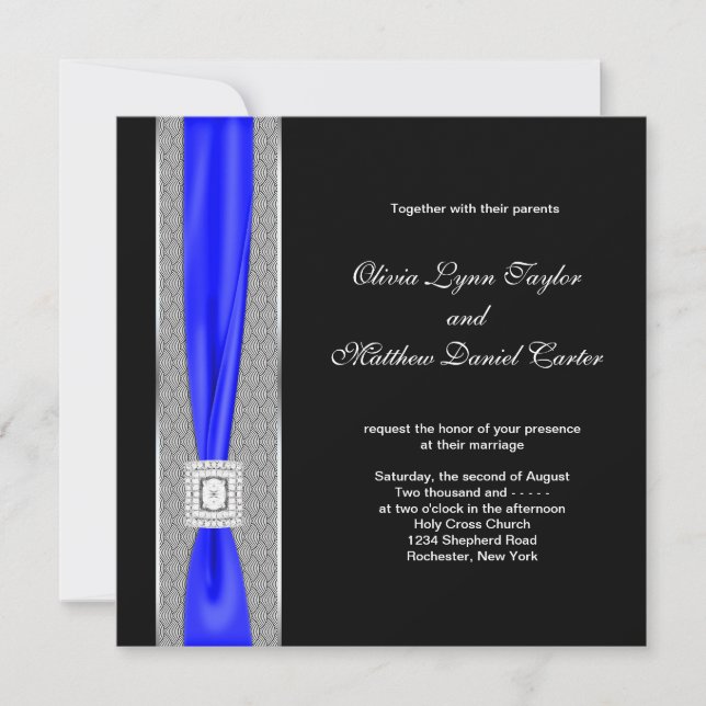 Invitación Boda de lazo azul negro azul real (Anverso)