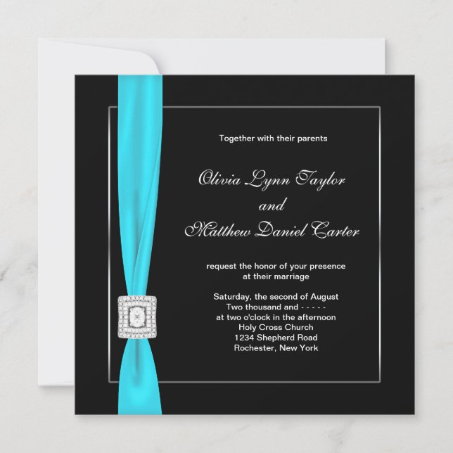 Invitación Boda de lazo azul turquesa blanco negro (Anverso)