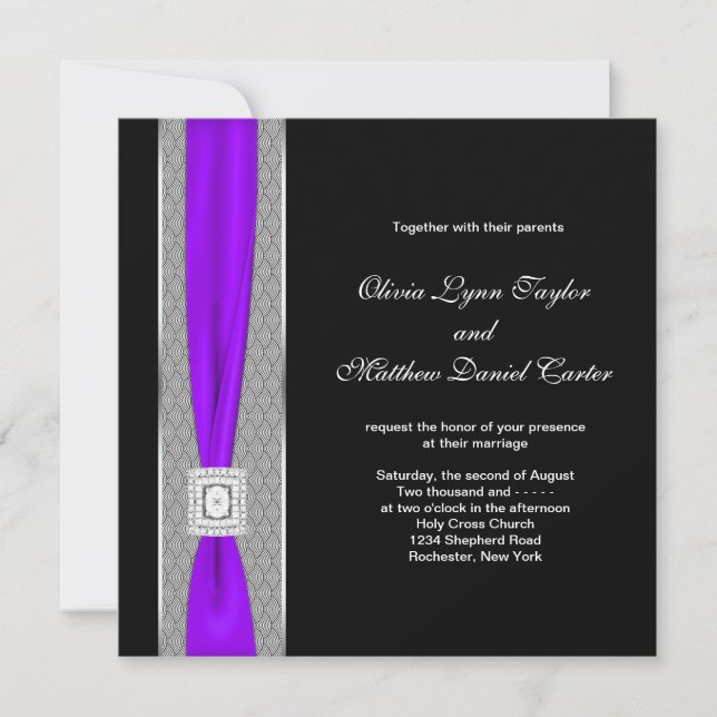 Invitación Boda de lazo negro púrpura (Anverso)