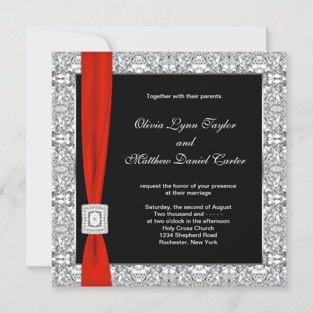 Invitación Boda de lazo rojo blanco y negro (Anverso)