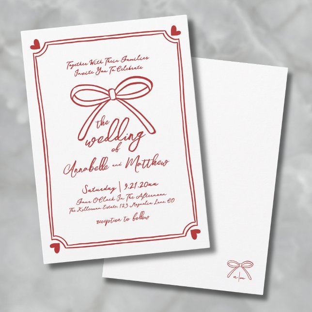 Invitación Boda de Lazo Rojo Caprichoso Dibujado a Mano (Hand Drawn Whimsical Red Bow Wedding Invitation )