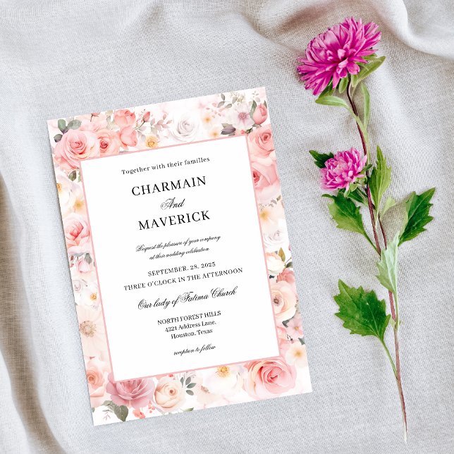 Invitación Boda de leafía rosa Rubor floral suave (Subido por el creador)