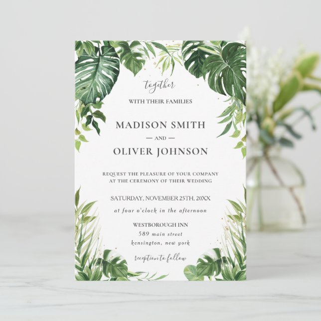 Invitación Boda de Leafy Tropics de la vegetación tropical mo (Anverso de pie)