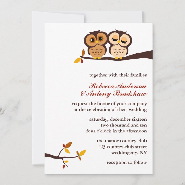 Invitación Boda de Lechuzas Temáticas de Otoño (Anverso)