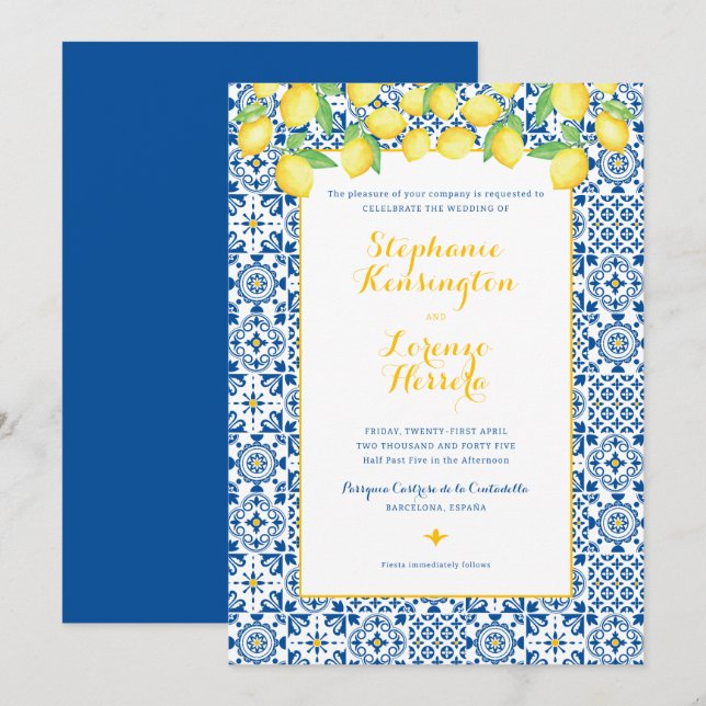 Invitación Boda de Lemones Amarillos Azules y Azules Mediterr (Anverso / Reverso)
