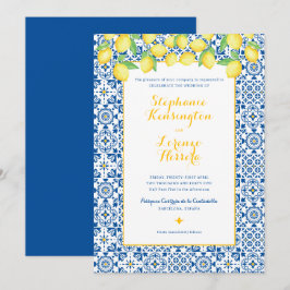 Invitación Boda de Lemones Amarillos Azules y Azules Mediterr