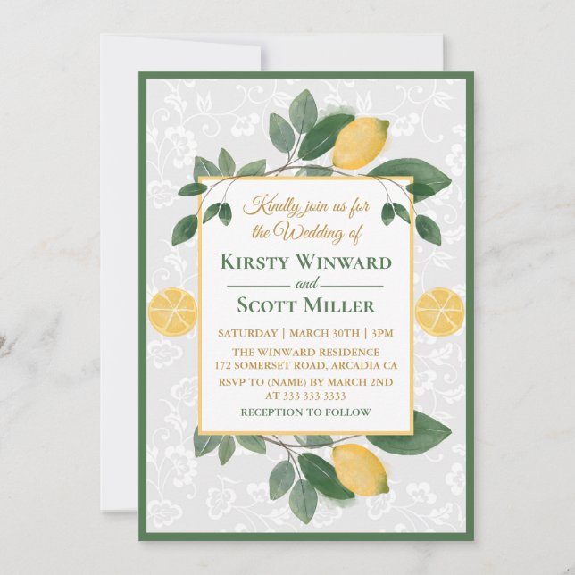 Invitación Boda de Lemones Sicilianos de Acuarela (Anverso)
