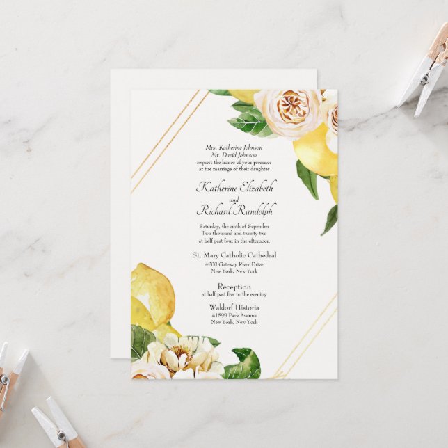 Invitación Boda de Lemones y Peonies Formales Cream Parents (Anverso/Reverso In Situ)