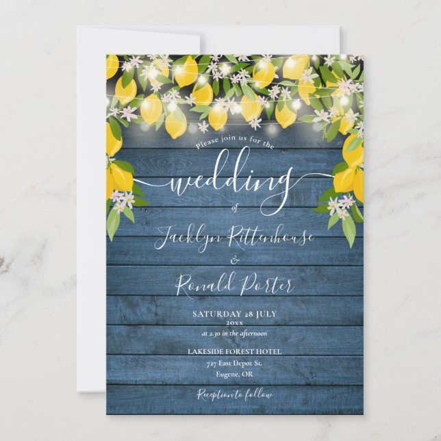Invitación Boda de Lemons Blue Rustic Wood String Lights (Anverso)