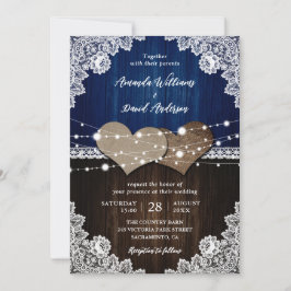 Invitación Boda de leña azul rústico de la marina