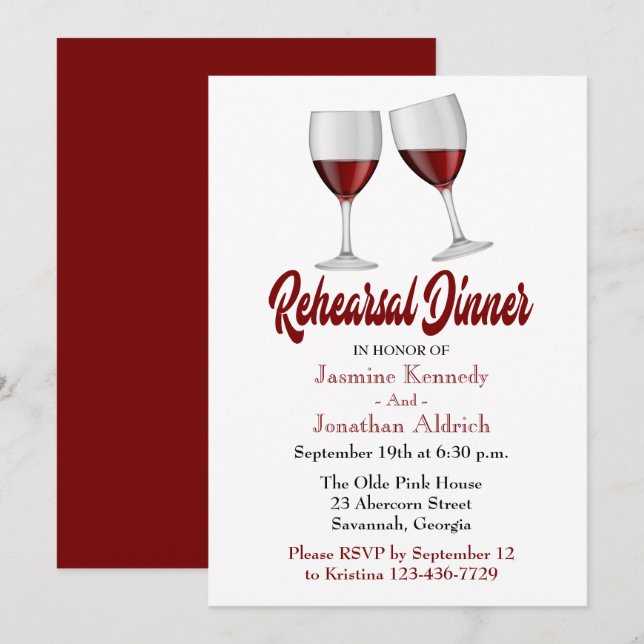 Invitación Boda de lentes de vino para la cena de ensayo rojo (Anverso / Reverso)