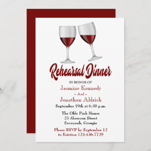 Invitación Boda de lentes de vino para la cena de ensayo rojo