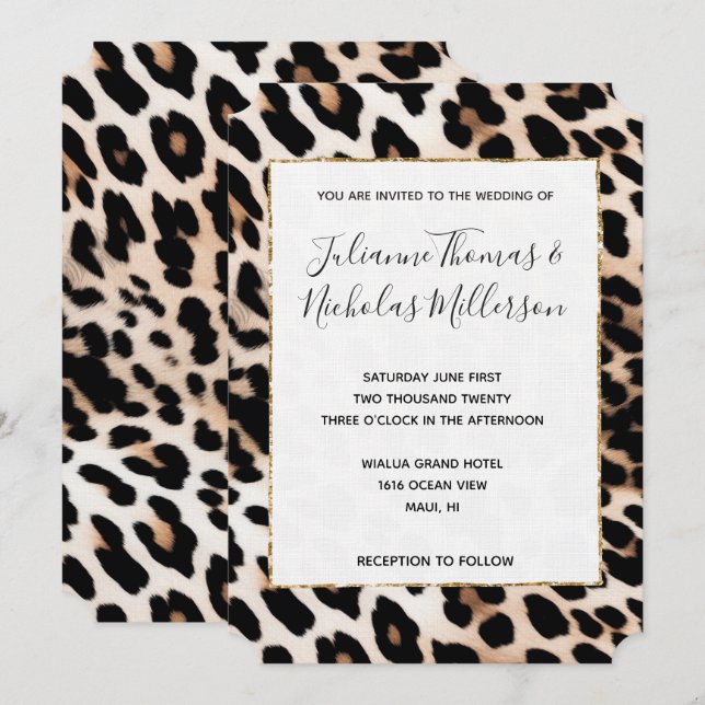 Invitación Boda de leopardo de crema negra (Anverso / Reverso)