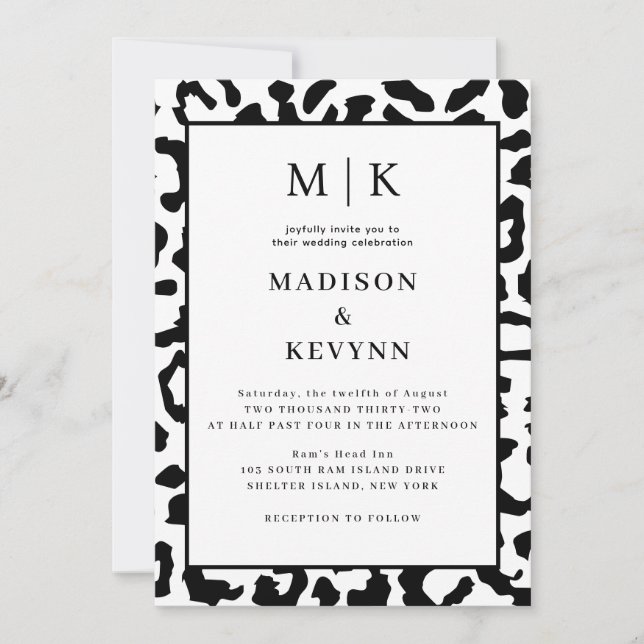 Invitación Boda de leopardo en blanco y negro (Anverso)