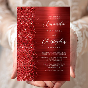 Invitación Boda de letra con brillo de metal cepillado rojo