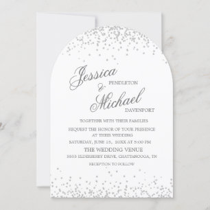 Invitación Boda de Letra Cursiva Elegante Brillo Plata Blanco