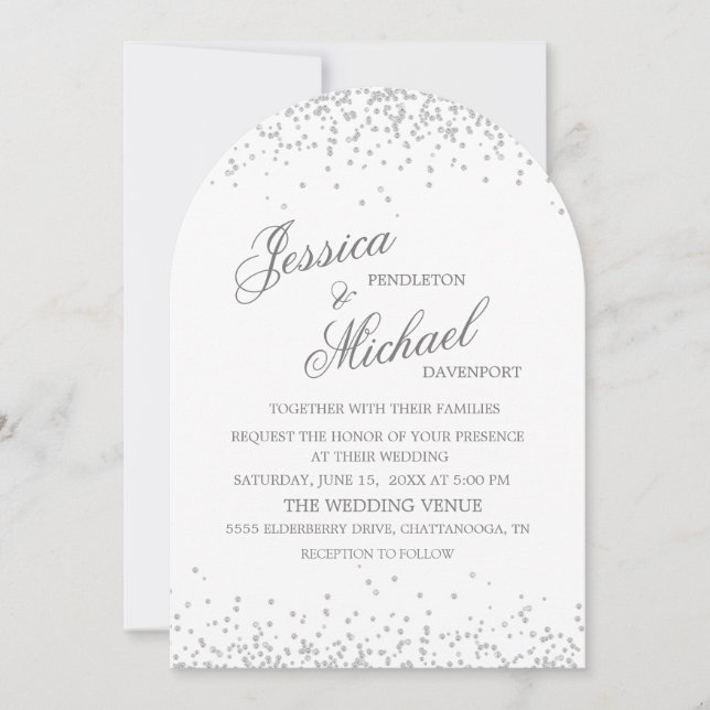 Invitación Boda de Letra Cursiva Elegante Brillo Plata Blanco (Anverso)