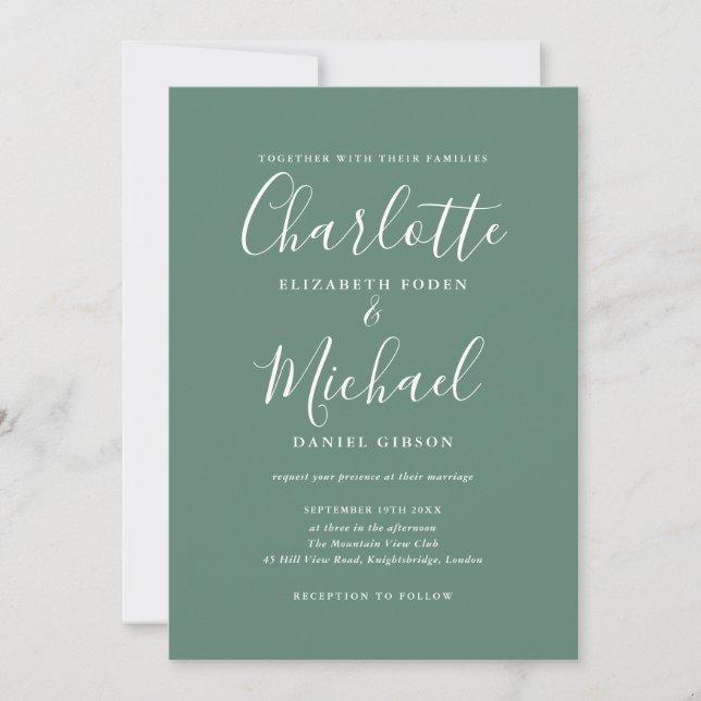 Invitación Boda de letra de firma elegante verde eucalipto (Anverso)