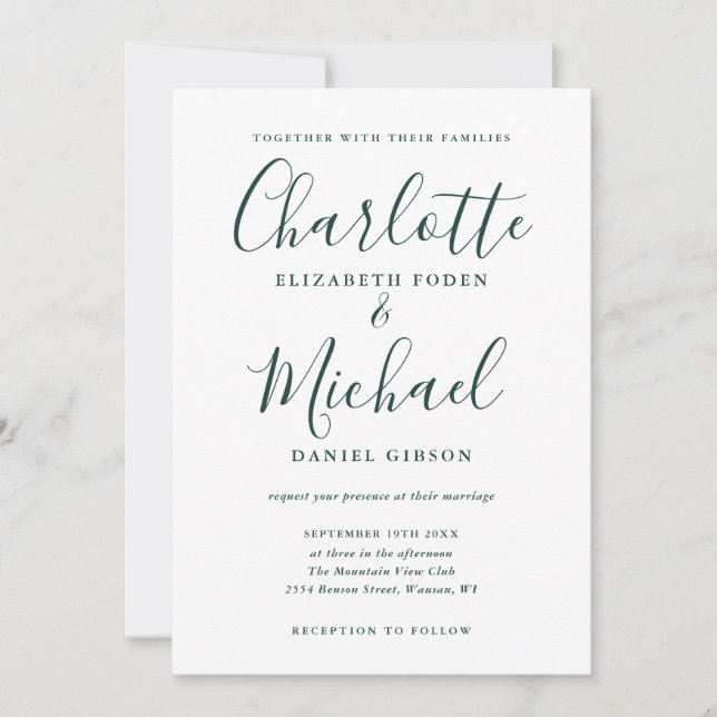 Invitación Boda de letra de firma verde esmeralda (Anverso)