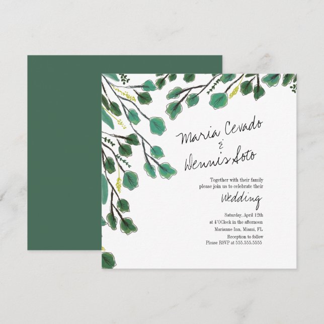 Invitación Boda de letra de hoja dibujada a mano de eucalipto (Anverso / Reverso)