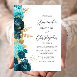 Invitación Boda de letra dorada floral acuática verde