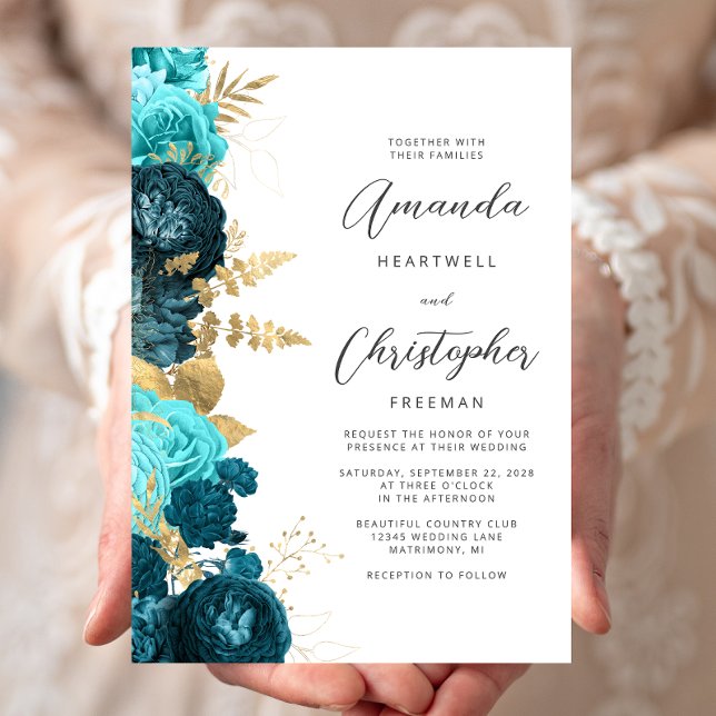 Invitación Boda de letra dorada floral acuática verde (Subido por el creador)