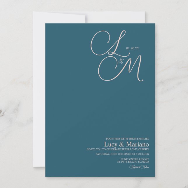 Invitación Boda de letra elegante azul y rosa monogramada (Anverso)