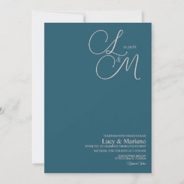 Invitación Boda de letra elegante azul y rosa monogramada