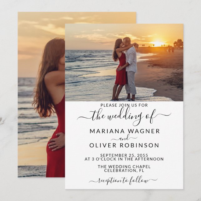 Invitación Boda de letra elegante con foto (Anverso / Reverso)