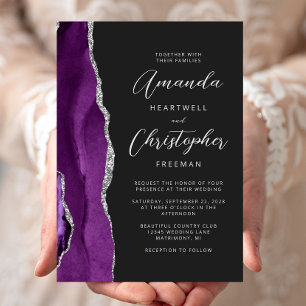Invitación Boda de letra moderna de ágata plateada púrpura