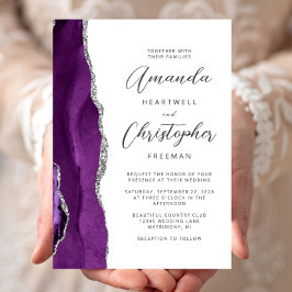 Invitación Boda de letra moderna de ágata plateada púrpura