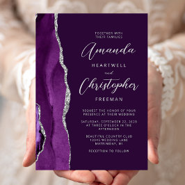 Invitación Boda de letra moderna de plata ágata púrpura