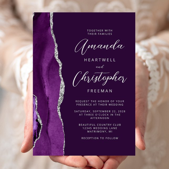 Invitación Boda de letra moderna de plata ágata púrpura (Subido por el creador)