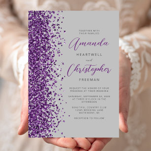 Invitación Boda de letra moderna gris brillo púrpura
