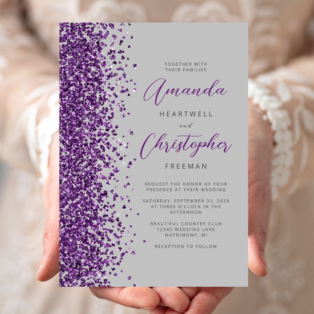 Invitación Boda de letra moderna gris brillo púrpura (Subido por el creador)
