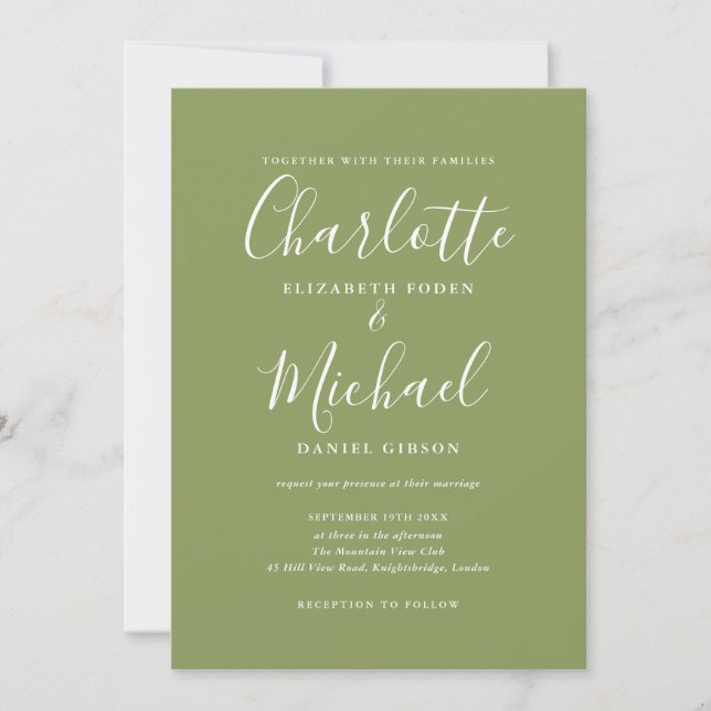 Invitación Boda de letra script elegante verde musgo (Anverso)