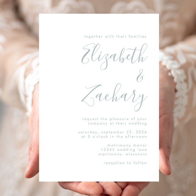 Invitación Boda de letra verde de vidrio de mar moderno (Subido por el creador)