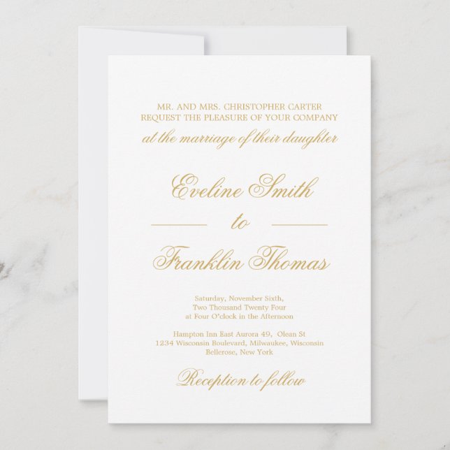 Invitación boda de letras clásicas de caligrafía dorada (Anverso)