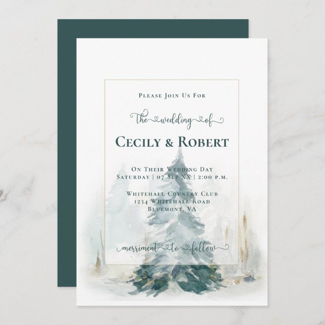 Invitación Boda de letras decorativas del árbol de pino de in (Anverso / Reverso)