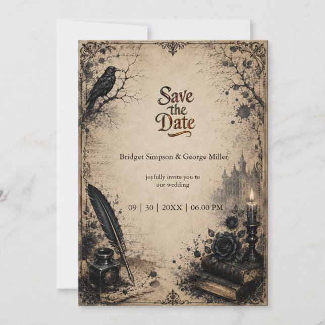 Invitación Boda de libro de cuervo de academia oscura gótica (Anverso)