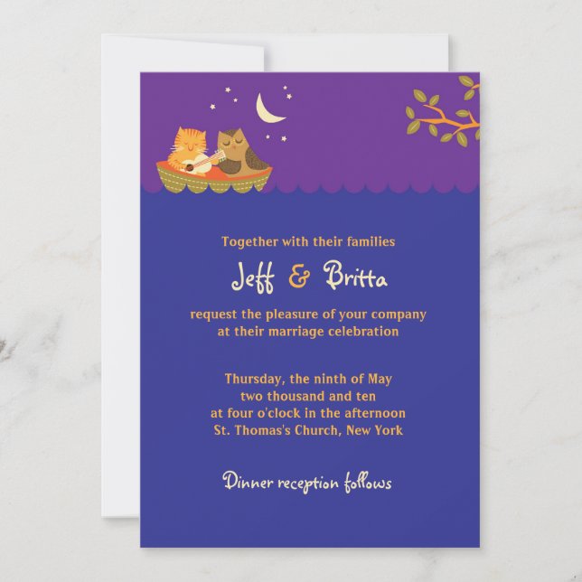 Invitación Boda de libros de historias de búho y pussiatos (p (Anverso)
