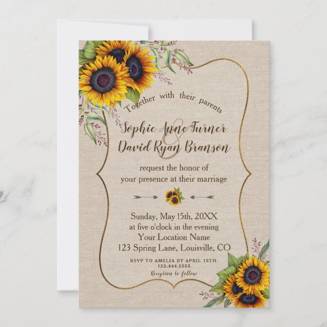 Invitación Boda de lienzo Rústico acuarela girasol (Anverso)
