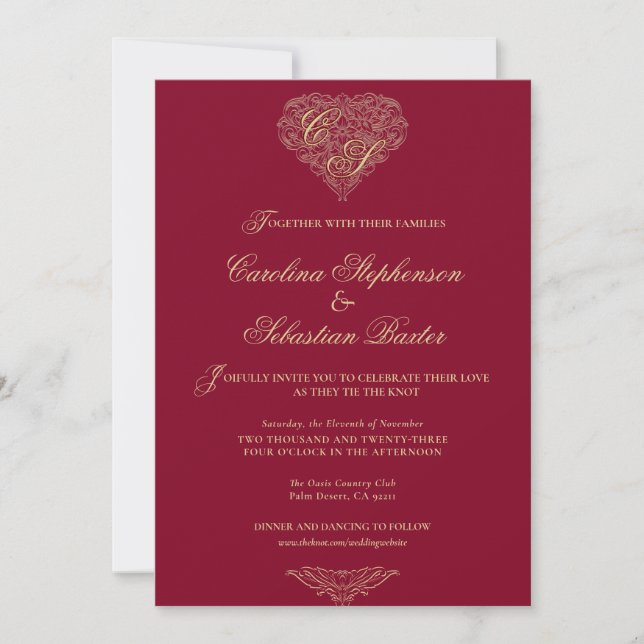 Invitación Boda de ligamiento de elopto de borgoña con clase  (Anverso)