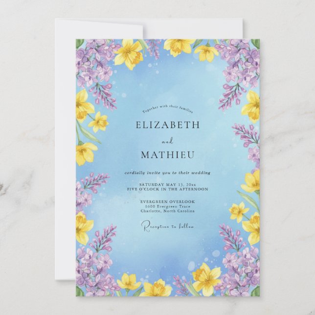 Invitación Boda de Lila Amarillo Narciso Eucalipto (Anverso)
