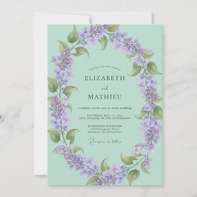 Invitación Boda de Lila Floreciente Verde Menta (Anverso)