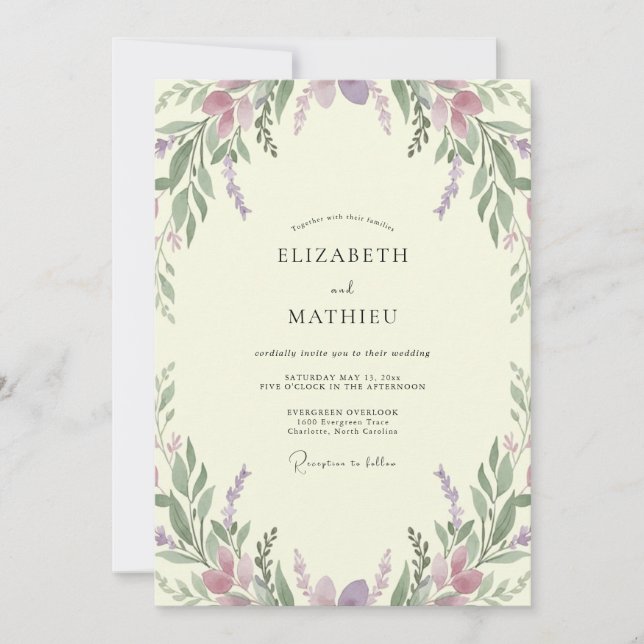 Invitación Boda de Lila Malva Eucalipto Lavanda (Anverso)