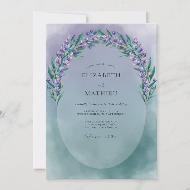 Invitación Boda de Lila Periwinkle con ramitas de Eucalipto S (Anverso)