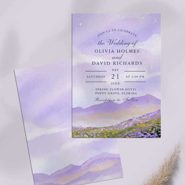 Invitación Boda de Lilac Night Sky Mountain Meadow (Lilac Night Sky Mountain Meadow Wedding Invitation on a lilac table.)